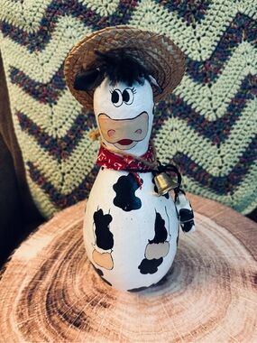 Hand-Painted Cow Bowling Pin with Straw Hat and Bell - Folk Art